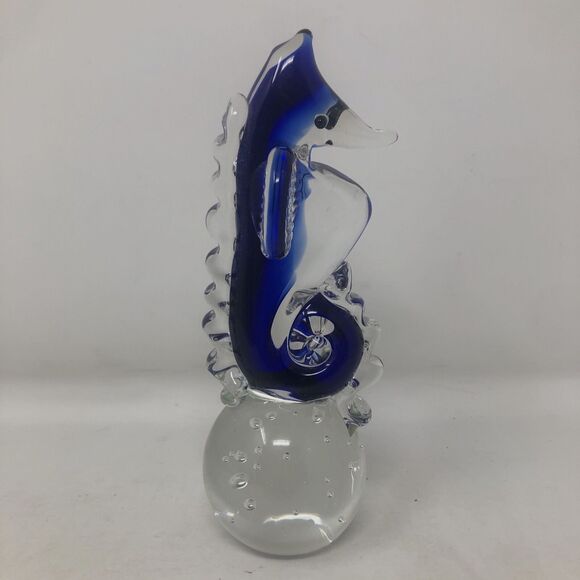 Art Glass Seahorse Paperweight Cobalt Blue Bullicante Bubbles 7" Beachy Coastal - Picture 2 of 11